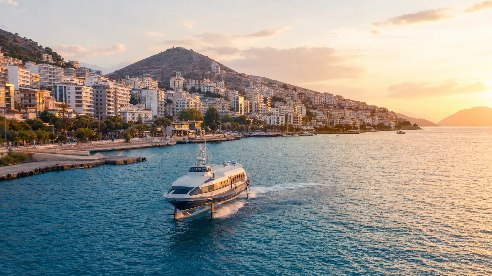 Hydrofoil approaching Saranda from Corfu — guided day tour
