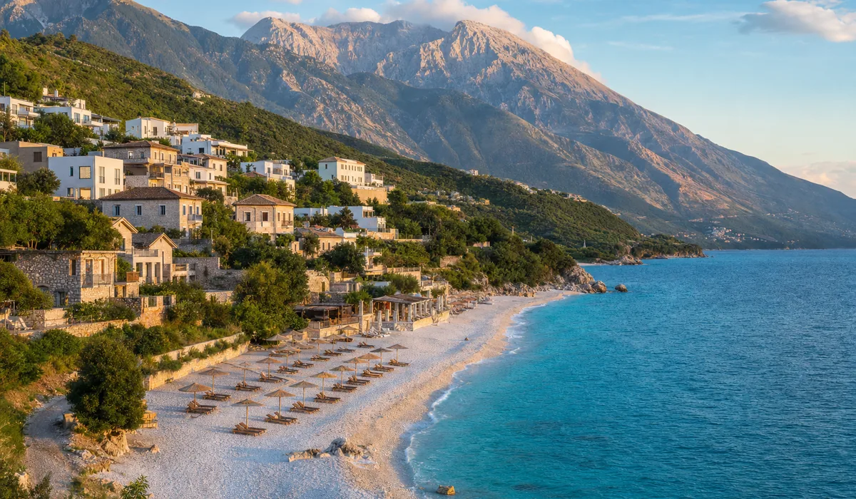 Dhërmi beach with mountain backdrop Albanian Riviera