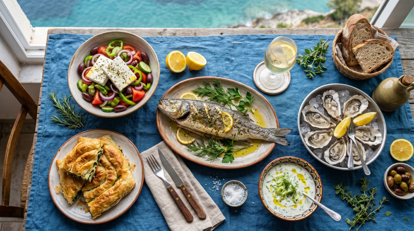 Albanian seafood spread overlooking the Ionian Sea