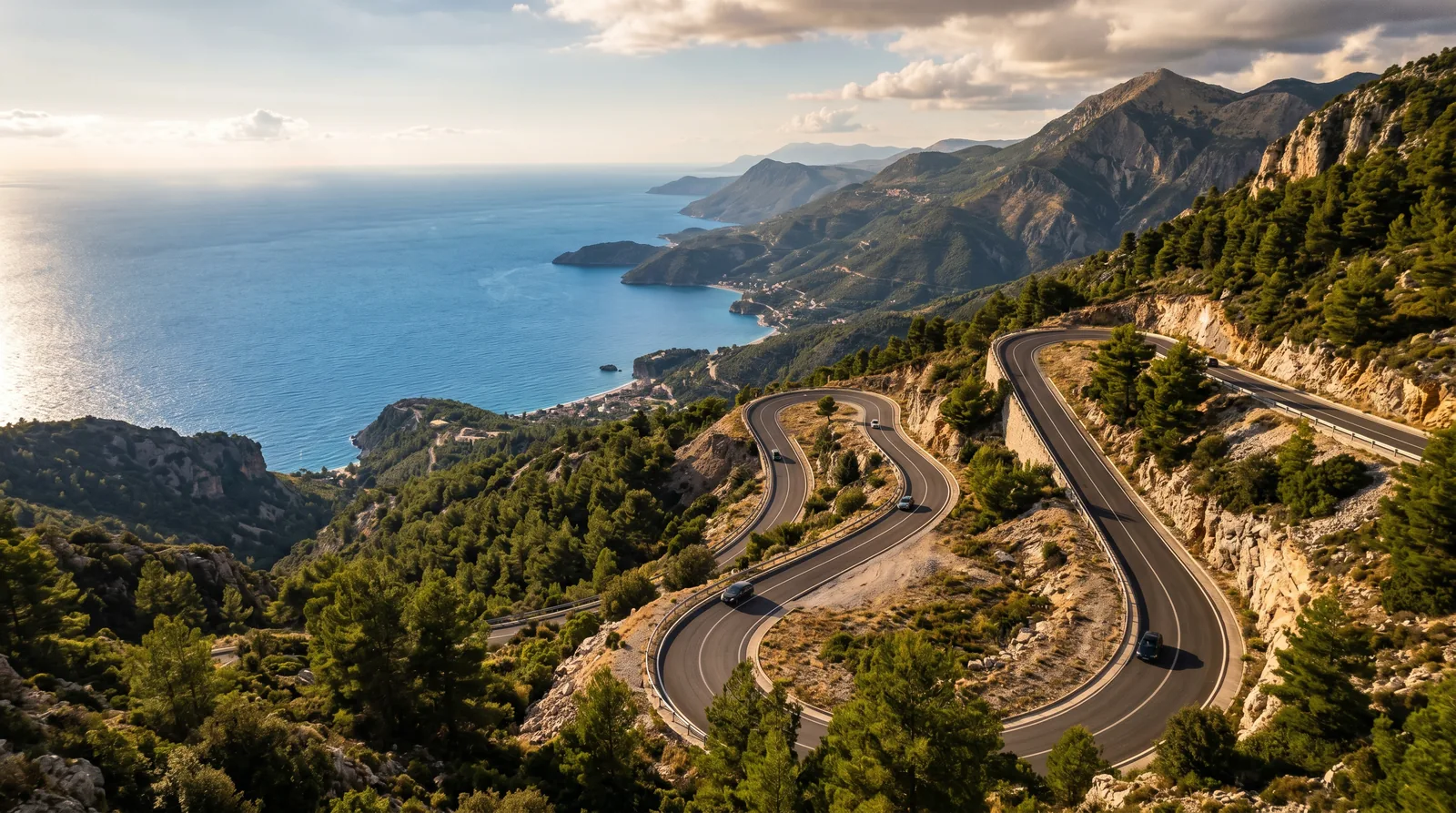 Llogara Pass hairpin road descending toward Dhermi coast