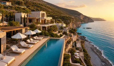 Cliffside resort on the Albanian Riviera at golden hour with infinity pool and limestone coastline